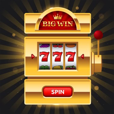 Golden slot machine on dark background with Big Win sign. Win 777 jackpot. Lucky seven, big win, casino vegas game. Jackpot triple seven. Vector illustration.