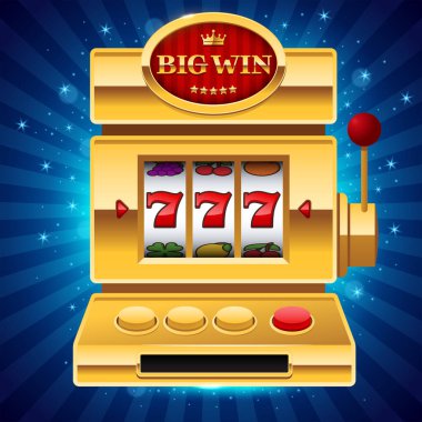 Golden slot machine on blue shiny background with Big Win sign. Win 777 jackpot. Lucky seven, big win, casino vegas game. Jackpot triple seven. Vector illustration.