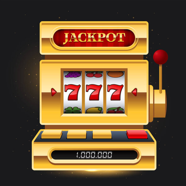 Golden slot machine on dark background with Jackpot sign one dark background. Win 777 jackpot. Lucky seven, big win, casino vegas game. Jackpot triple seven. Vector illustration.