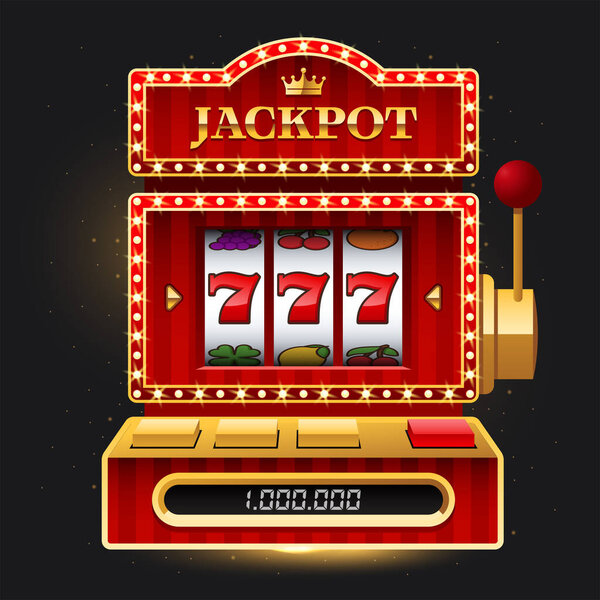 Shiny red slot machine on dark background with Jackpot sign on dark background. Win 777 jackpot. Lucky seven, big win, casino vegas game. Jackpot triple seven. Vector illustration.