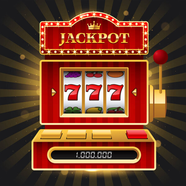Golden slot machine on dark background with Big Win sign. Win 777 jackpot. Lucky seven, big win, casino vegas game. Jackpot triple seven. Vector illustration.