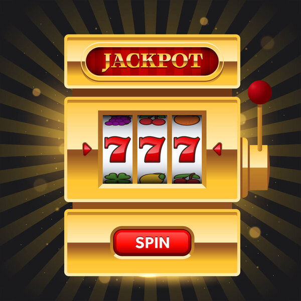 Golden slot machine with Jackpot sign and spin button on dark background. Win 777 jackpot. Lucky seven, big win, casino vegas game. Jackpot triple seven. Vector illustration.