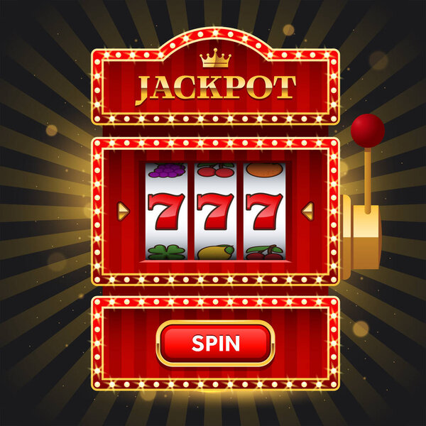 Shiny red slot machine on dark background with Jackpot sign and spin button. Win 777 jackpot. Lucky seven, big win, casino vegas game. Jackpot triple seven. Vector illustration.