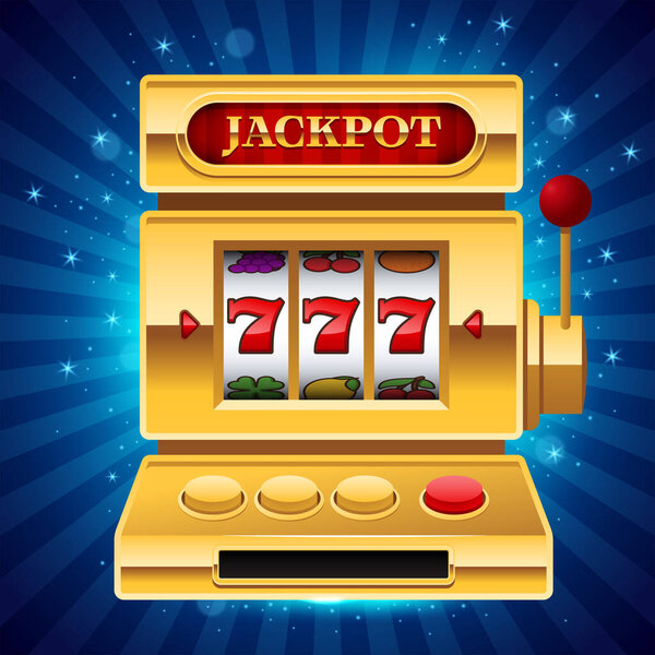Golden slot machine with Jackpot sign on shiny blue background. Win 777 jackpot. Lucky seven, big win, casino vegas game. Jackpot triple seven. Vector illustration.