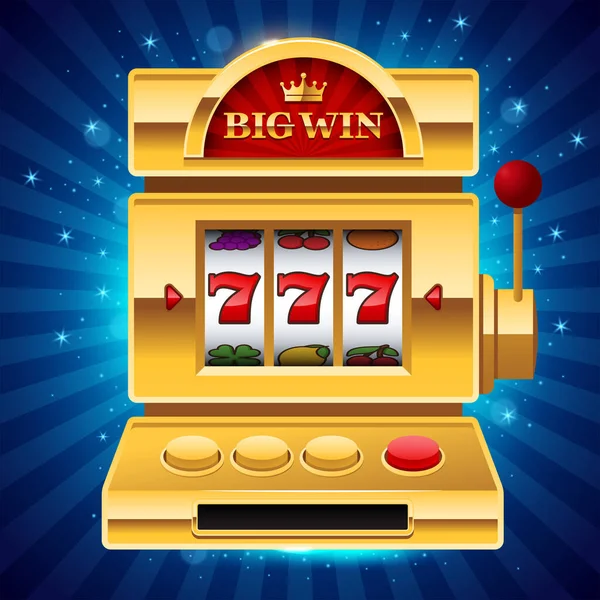 Golden Slot Machine Blue Shiny Background Big Win Sign Win — Stock vektor