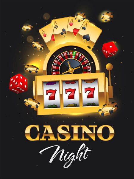 Golden Casino Night flyer illustration with slot machine, roulette wheel, poker chips, dices and playing cards. Роскошная вывеска, плакат с реалистичными элементами казино. Векторная иллюстрация.