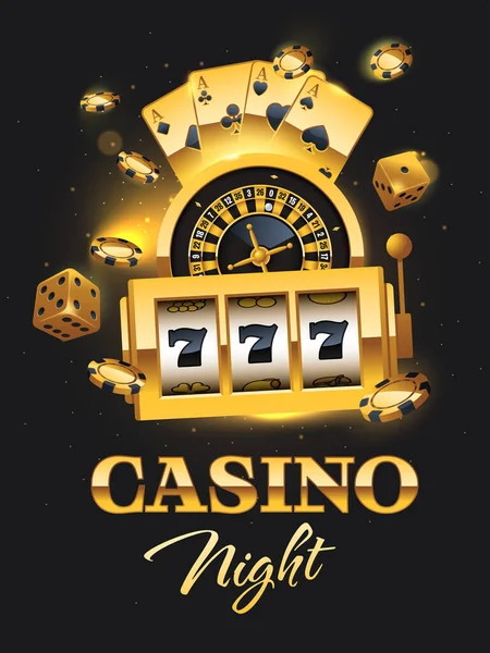 Casino Night Flyer Illustration Slot Machine Roulette Wheel Poker Chips — Vector de stock