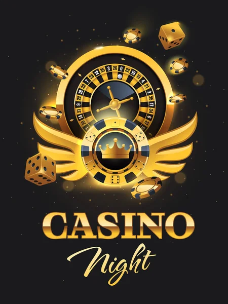 Golden Casino Night Flyer Illustration Luxury Poker Chips Dices Roulette — Stock Vector