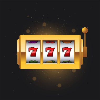 Shining mini golden slot machine with lucky sevens jackpot on dark background. Vector illustration in realistic style. Casino one arm bandit with winning combination.