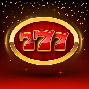 Shining 777 golden sign on stripped red background. Vector illustration for casino poker, roulette, lottery or online games. Golden 777 golden sign illustration.