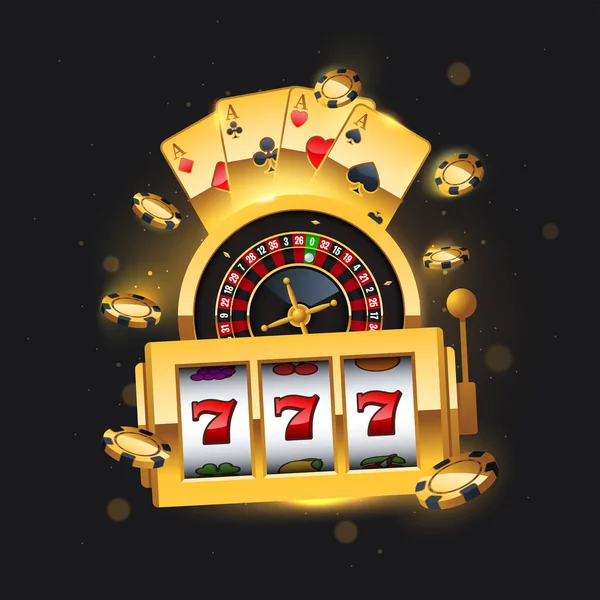 Golden Winning Slot Machine Flying Playing Cards Roulette Wheel Online — Stok Vektör