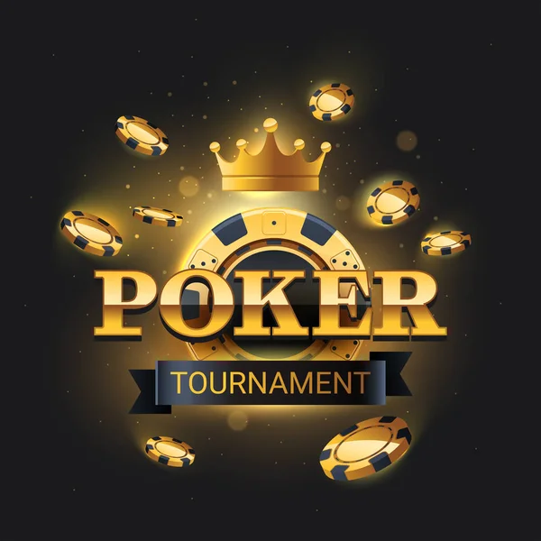 Golden Poker Tournament Logo Flying Chips Dark Background Vector Illustration — Stock Vector