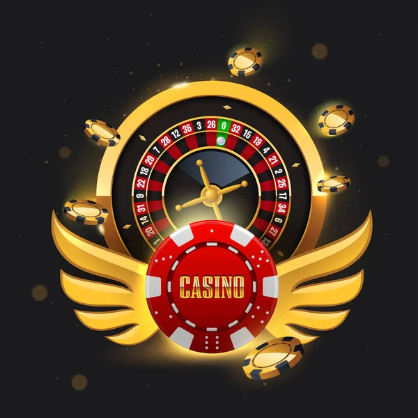 Golden Roulette Wheel Flying Poker Chips Poker Casino Vector Illustration — Archivo Imágenes Vectoriales