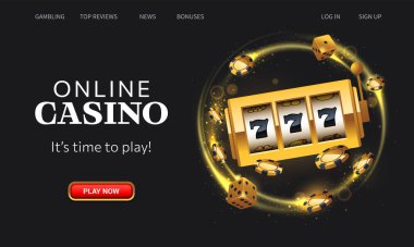 Kumarhane online iniş sayfası. Altın kazanan kumar makinesi, uçan kumarhane fişleri ve siyah arka plandaki zarlar. Web sitesi arayüz UI şablonu. İniş web sayfası, kavram kahraman başlığı.