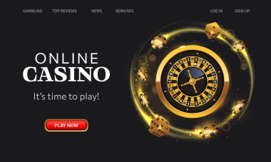 Kumarhane online iniş sayfası. Altın rulet çarkı, kumar fişleri ve siyah arka plandaki zarlar. Web sitesi arayüz UI şablonu. İniş web sayfası, kavram kahraman başlığı.