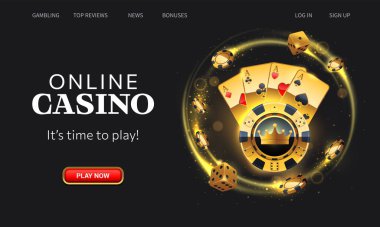 Kumarhane online iniş sayfası. Siyah arka planda altın oyun kartları ve kumar fişleri. Web sitesi arayüz UI şablonu. İniş web sayfası, kavram kahraman başlığı.