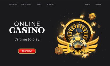 Kumarhane online iniş sayfası. Gerçekçi uçan çip, rulet çarkı, poker fişleri ve siyah arka plandaki zarlar. Web sitesi arayüz UI şablonu. İniş web sayfası, kavram kahraman başlığı.