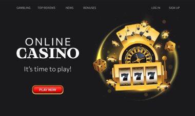 Kumarhane online iniş sayfası. Altın kazanan kumar makinesi, uçan iskambil kartları, rulet çarkı, poker fişleri ve siyah arka plandaki zarlar. Web sitesi arayüz UI şablonu. İniş web sayfası, kavram kahraman başlığı.