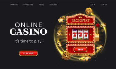 Kumarhane online iniş sayfası. Siyah arkaplanda kırmızı slot makinesi vektör illüstrasyonunu kazanmak. Web sitesi arayüz UI şablonu. İniş web sayfası, kavram kahraman başlığı.