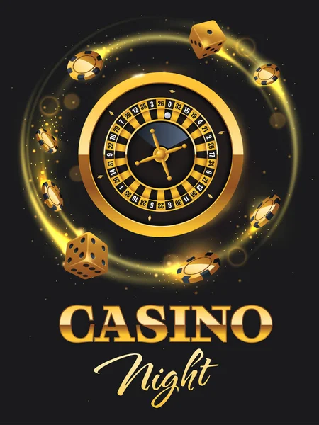 Casino Night Szórólap Illusztráció Rulett Kerék Kaszinó Zseton Kocka Luxus — Stock Vector