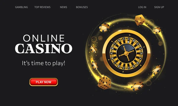 Casino Online Landing Page Goldenes Rouletterad Spielchips Und Würfel Auf — Stockvektor