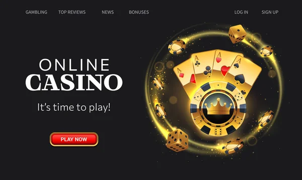 Casino Online Landing Pagina Gouden Speelkaarten Gokchips Zwarte Achtergrond Website — Stockvector