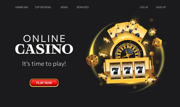 Kasino Online Landningssida Golden Vinnande Spelmaskin Flygande Spelkort Roulette Hjul — Stock vektor