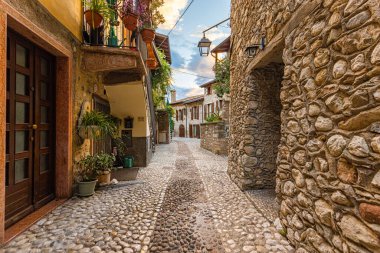 İtalya 'nın Garda Gölü' ndeki ortaçağ kıyı kasabası Malcesine.