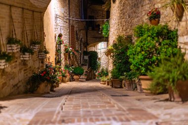 İtalya 'nın Umbria kentindeki ortaçağ şehri Spello' nun gece manzarası