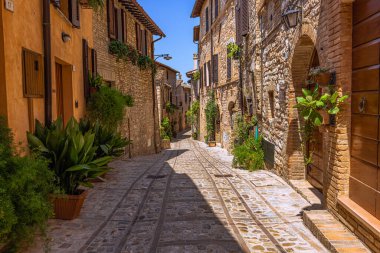 İtalya 'nın Umbria kentindeki ortaçağ şehri Spello' nun sokak manzarası