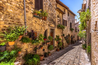 İtalya 'nın Umbria kentindeki ortaçağ şehri Spello' nun sokak manzarası