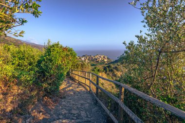 Cinque Terre 'nin manzarası Manarola ve Corniglia, İtalya arasında bir yürüyüş yolu üzerindedir.