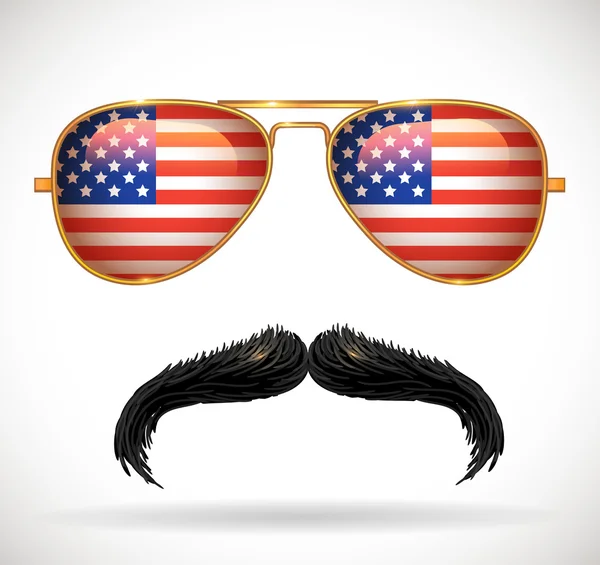 Mustaches and sunglasses with american flag reflection — Stock Vector