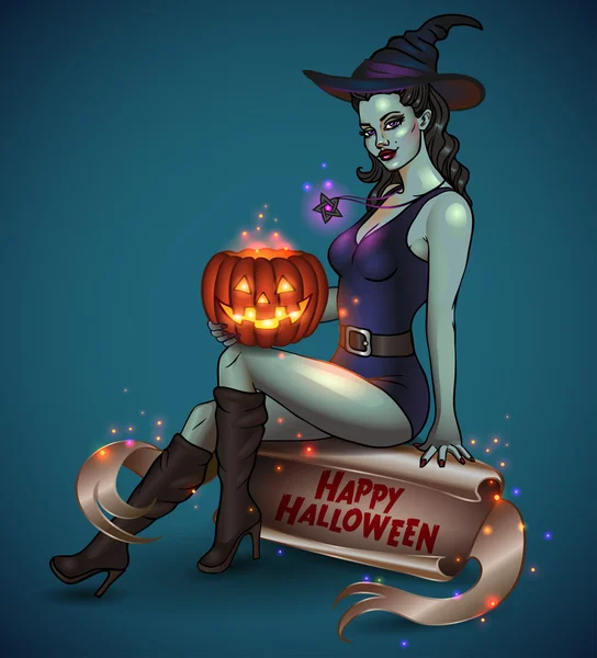 Czarownica z happy halloween podpis — Wektor stockowy