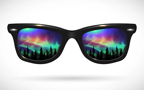 Wayfarer sunglasses reflecting aurora borealis — Stock Vector