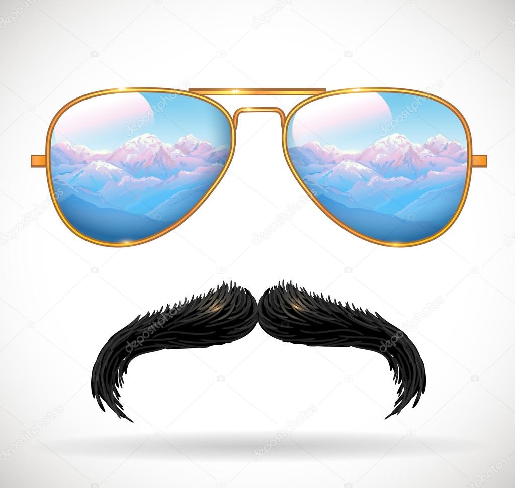 Wayfarer sunglasses reflecting mountains landscape and mustaches