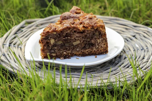 Przyjęcie w ogrodzie. tort czekoladowy na Wiklinowy taca — Zdjęcie stockowe