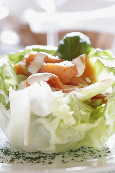 Salada de salmão fresco com molho caseiro — Fotografia de Stock