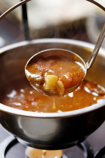 Traditional Hungarian homemade hot goulash soup — Stock Photo, Image