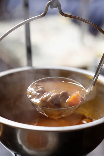 Traditional Hungarian homemade hot goulash soup — Stock Photo, Image