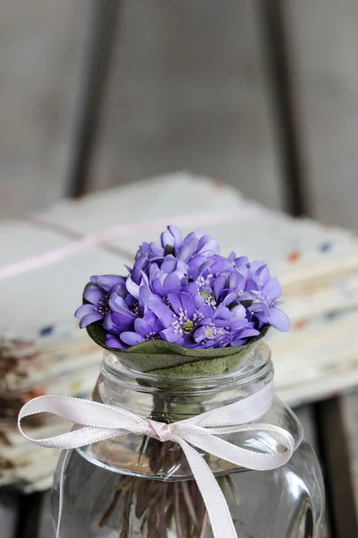 Flores de Hepatica, buquê muito pequeno em um vaso . — Fotografia de Stock