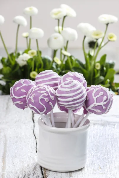 Lila cake pops i vit keramik burk. vitt och rosa prästkragar — Stockfoto