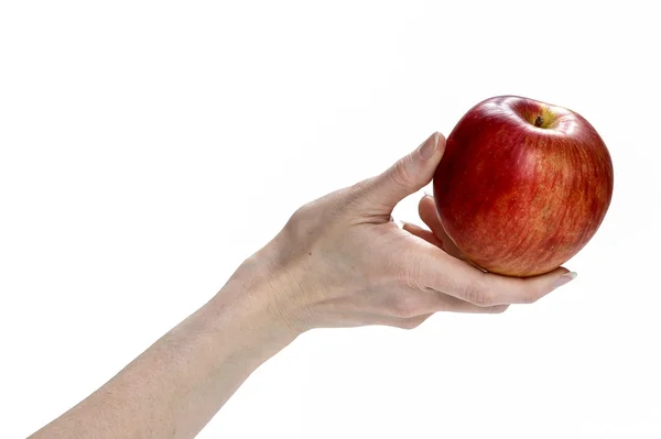 Rött äpple i vacker hand isolerad på vit bakgrund. — Stockfoto