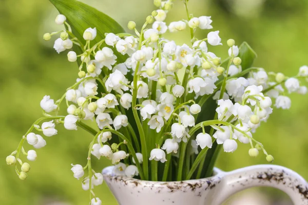 Lilly of the valley flowers in white rustic vase — Stock Photo, Image