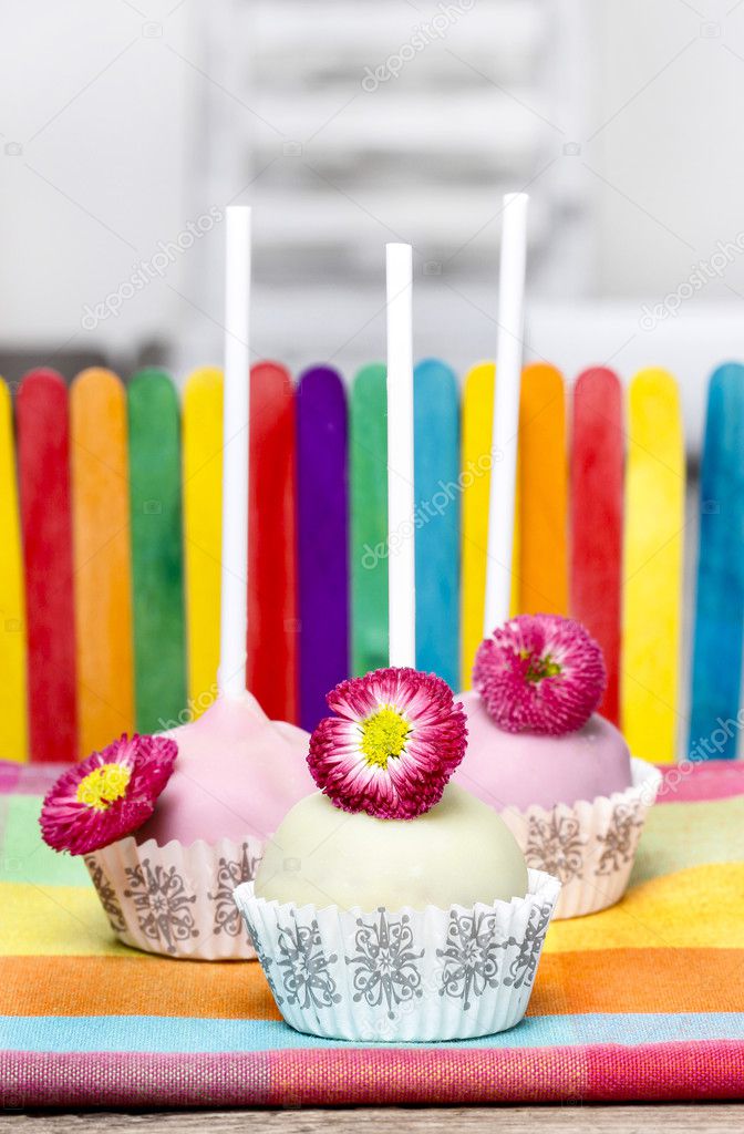 Colorful Cake Pops Birthday Party Daisy Flower Decor Stock