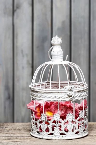 Jaula para pájaros con flores rosadas en el interior sobre fondo rústico de madera. C — Foto de Stock