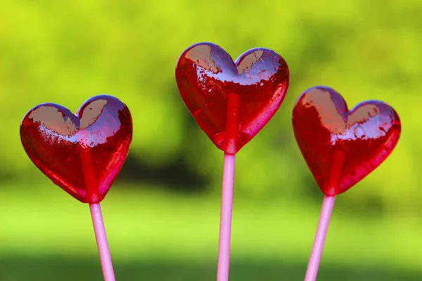 Piruletas rojas en forma de corazón, sobre hierba verde fresca — Foto de Stock