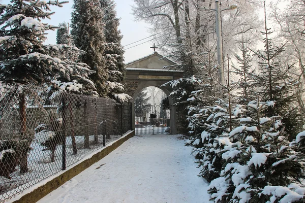 Porta para o cemitério histórico no inverno. Cracóvia, Polónia — Fotografia de Stock