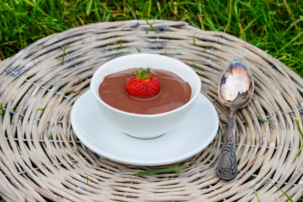 Creamy chocolate pudding on grey wicker tray in the garden — Stock Photo, Image