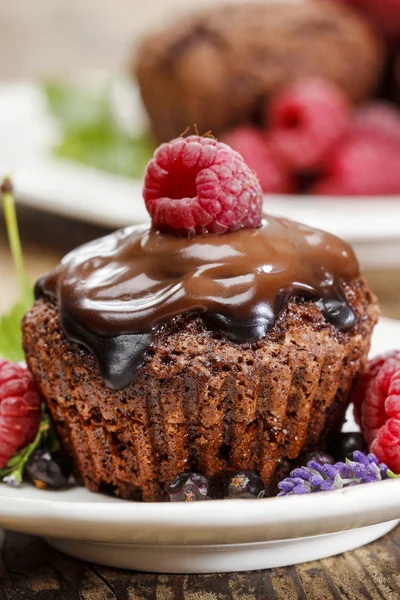 Schokoladenkuchen mit Himbeeren — Stockfoto